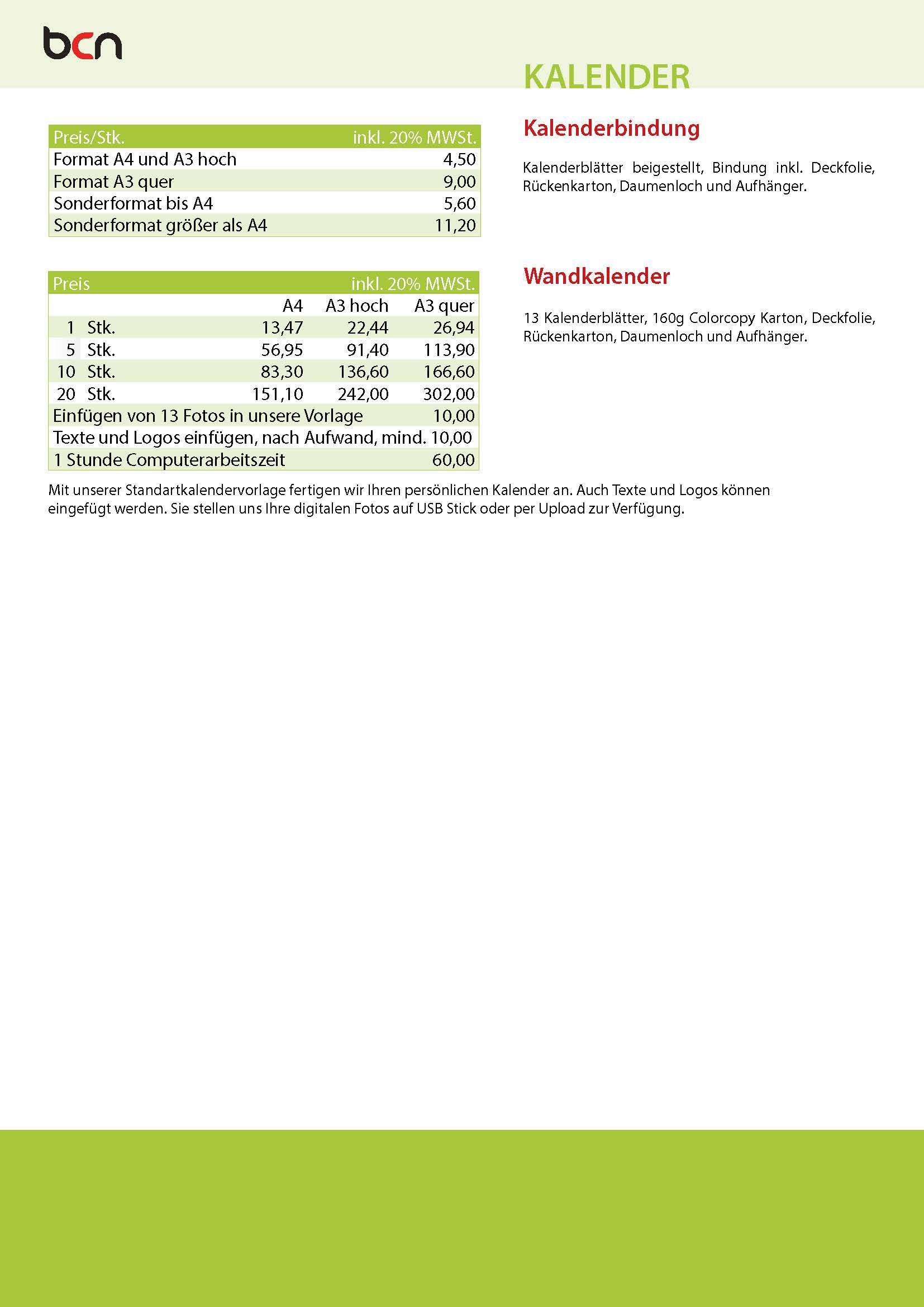 BCN - Preisliste Kalender