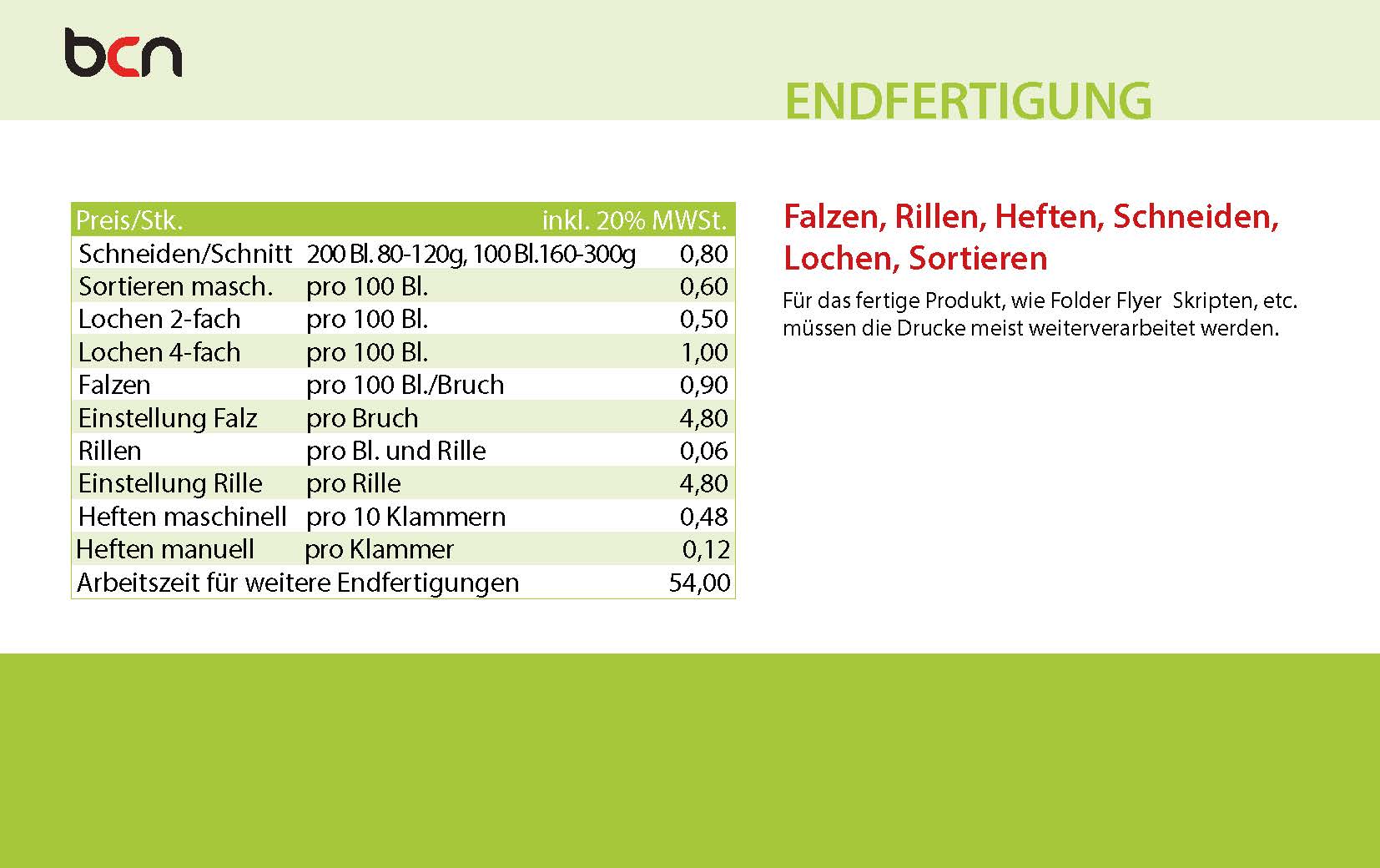 BCN - Preisliste Endfertigung und Schneiden